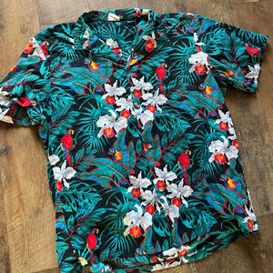 Men's Jade Fashions Casual Button Down Shirt XL Black Green Parrot Print